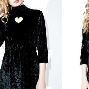 Valfie Black Velvet Dress small long sleeve heart cut out mini mock neck